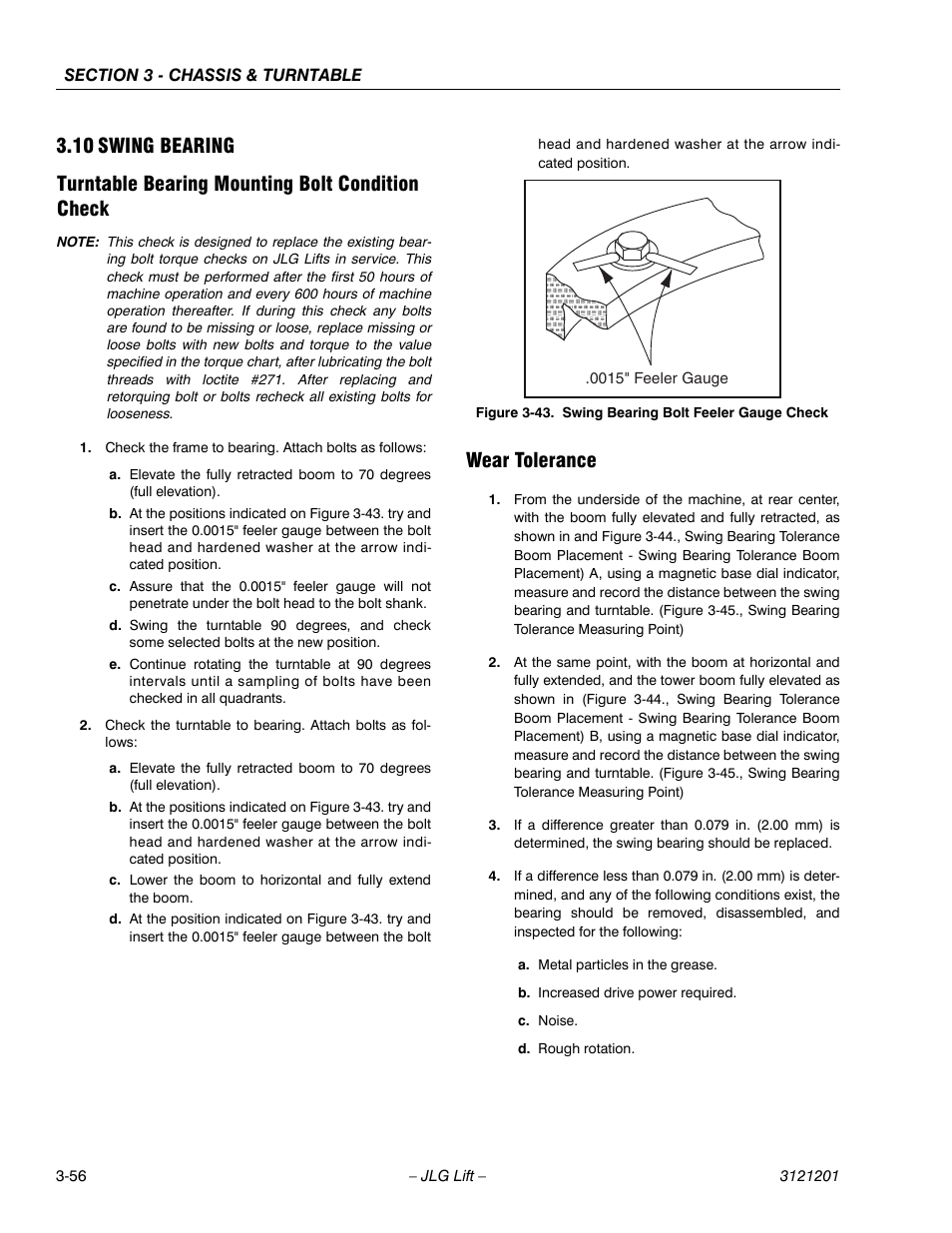 10 swing bearing, Turntable bearing mounting bolt condition check, Wear tolerance | Swing bearing -56, Swing bearing bolt feeler gauge check -56 | JLG 600A_AJ Service Manual User Manual | Page 106 / 342