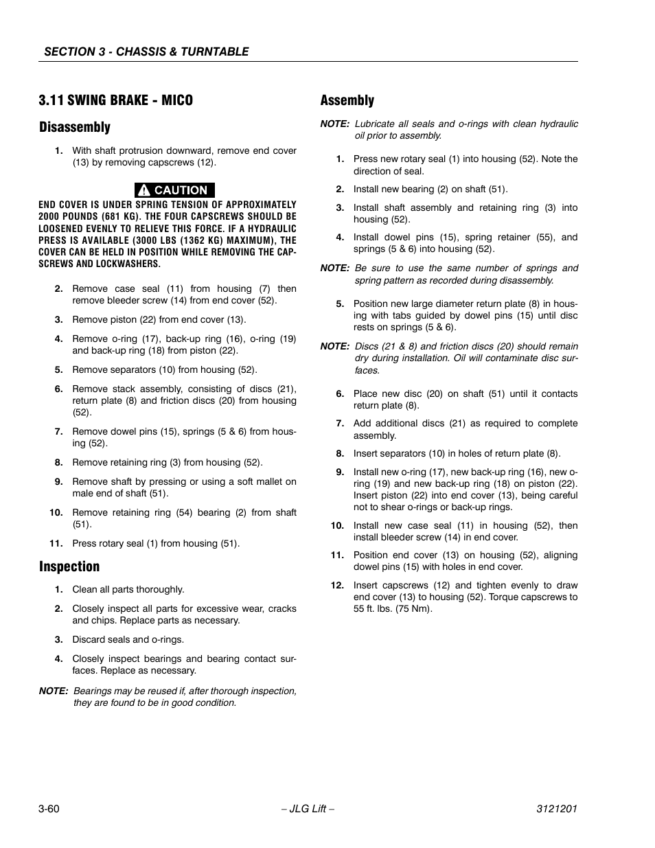 11 swing brake - mico, Disassembly, Inspection | Assembly, Swing brake - mico -60, Disassembly -60 inspection -60 assembly -60, 11 swing brake - mico disassembly | JLG 600A_AJ Service Manual User Manual | Page 110 / 342