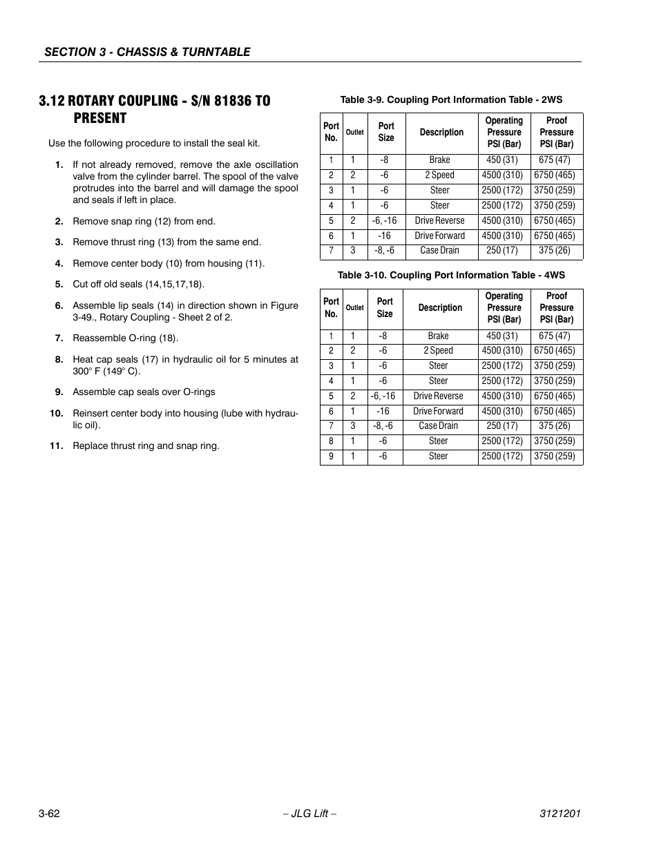 12 rotary coupling - s/n 81836 to present, Rotary coupling - s/n 81836 to present -62, Coupling port information table - 2ws -62 | Coupling port information table - 4ws -62 | JLG 600A_AJ Service Manual User Manual | Page 112 / 342