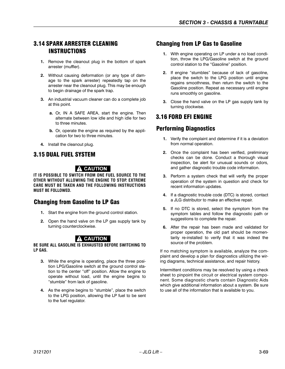 14 spark arrester cleaning instructions, 15 dual fuel system, Changing from gasoline to lp gas | Changing from lp gas to gasoline, 16 ford efi engine, Performing diagnostics, Spark arrester cleaning instructions -69, Dual fuel system -69, Ford efi engine -69, Performing diagnostics -69 | JLG 600A_AJ Service Manual User Manual | Page 119 / 342