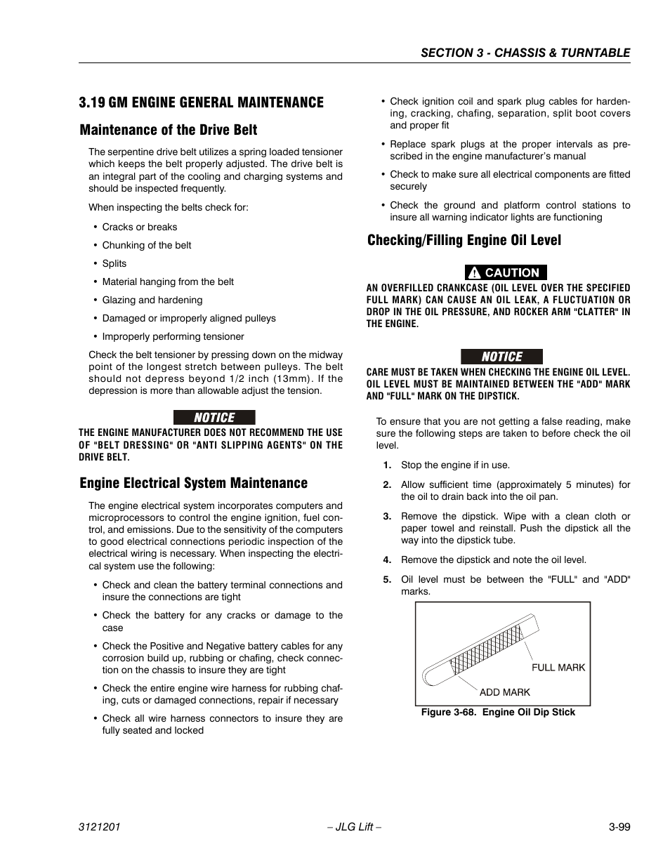 19 gm engine general maintenance, Maintenance of the drive belt, Engine electrical system maintenance | Checking/filling engine oil level, Gm engine general maintenance -99, Engine oil dip stick -99 | JLG 600A_AJ Service Manual User Manual | Page 149 / 342