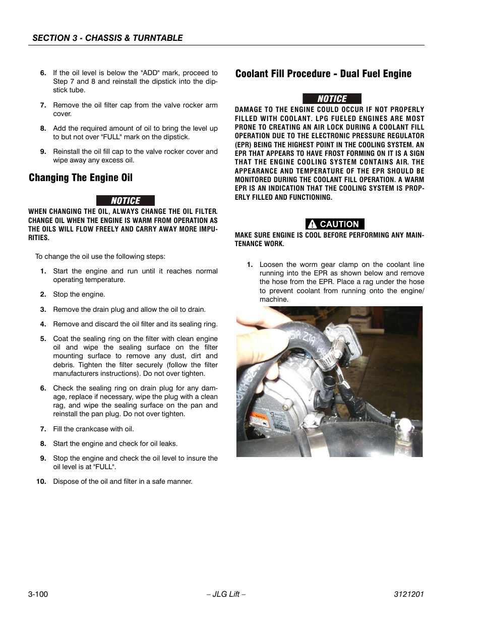 Changing the engine oil, Coolant fill procedure - dual fuel engine | JLG 600A_AJ Service Manual User Manual | Page 150 / 342