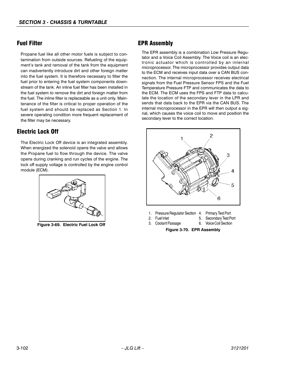 Fuel filter, Electric lock off, Epr assembly | Electric fuel lock off -102, Epr assembly -102 | JLG 600A_AJ Service Manual User Manual | Page 152 / 342