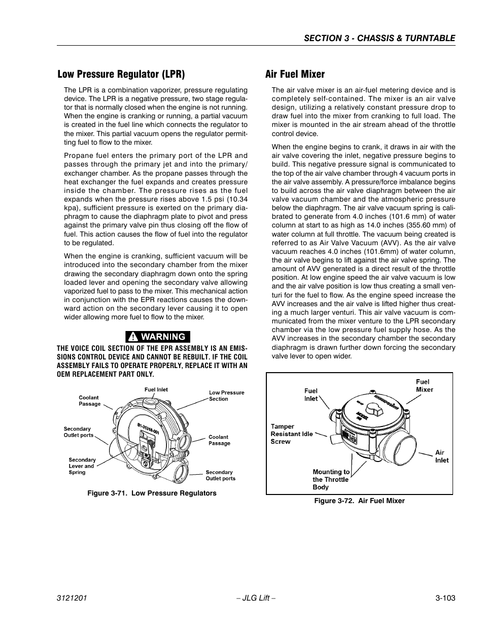 Low pressure regulator (lpr), Air fuel mixer, Low pressure regulators -103 | Air fuel mixer -103 | JLG 600A_AJ Service Manual User Manual | Page 153 / 342