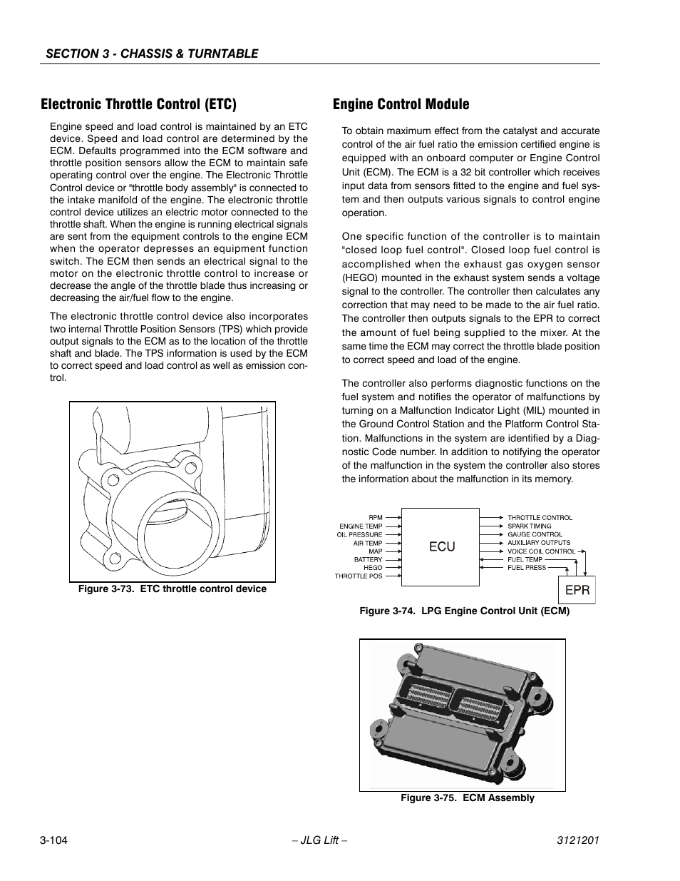 Electronic throttle control (etc), Engine control module, Etc throttle control device -104 | Lpg engine control unit (ecm) -104, Ecm assembly -104 | JLG 600A_AJ Service Manual User Manual | Page 154 / 342