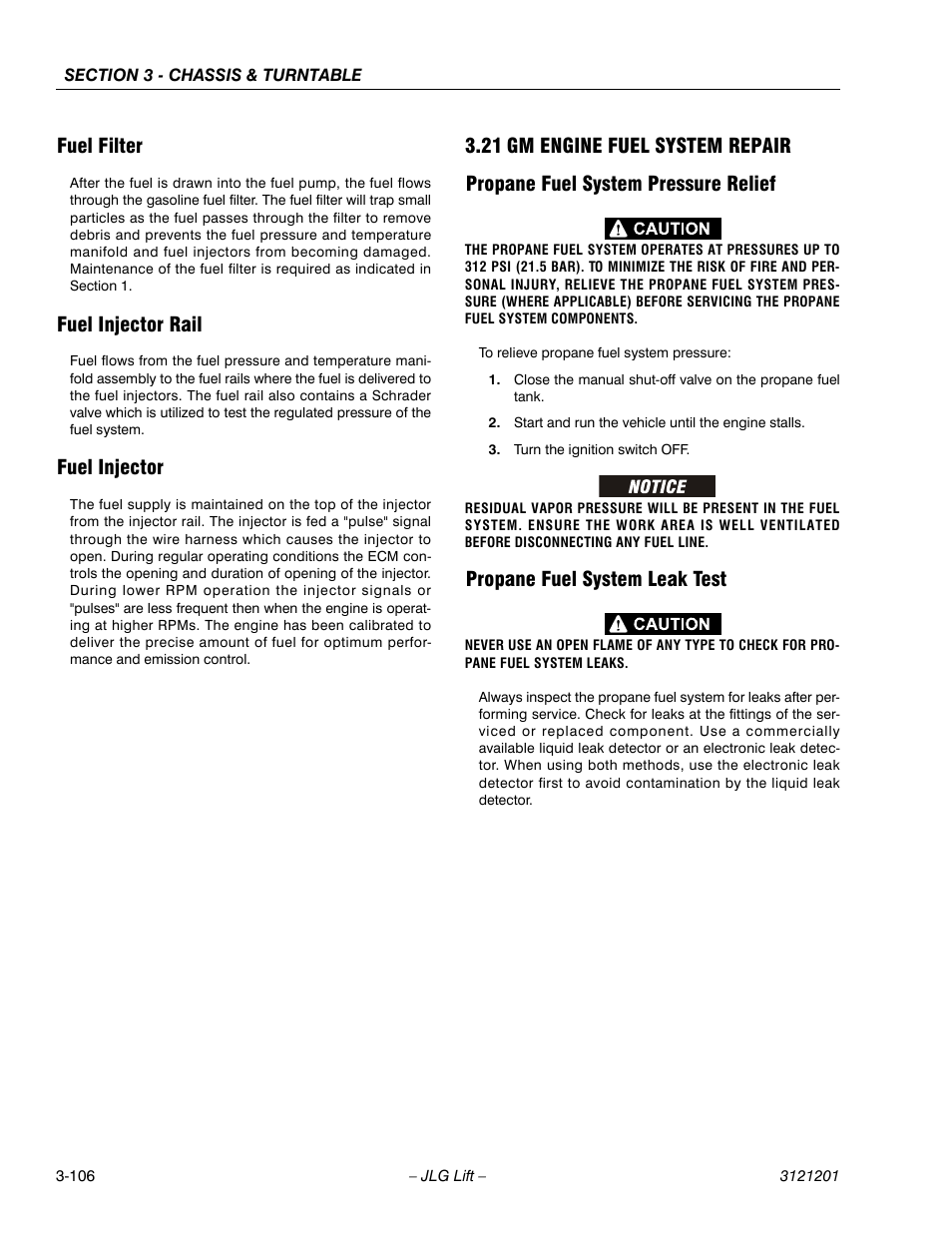 Fuel filter, Fuel injector rail, Fuel injector | 21 gm engine fuel system repair, Propane fuel system pressure relief, Propane fuel system leak test, Gm engine fuel system repair -106 | JLG 600A_AJ Service Manual User Manual | Page 156 / 342