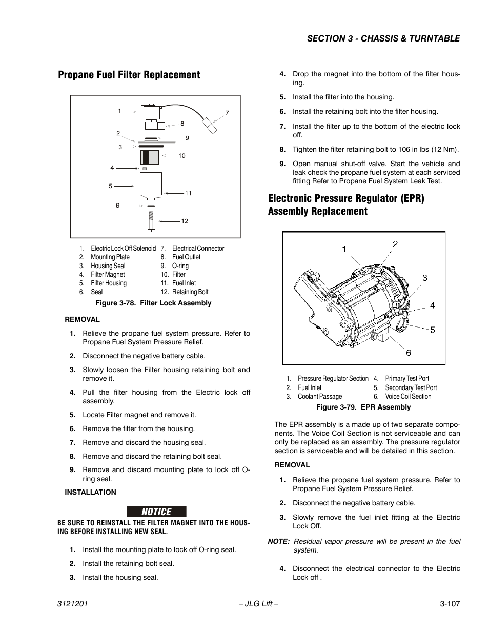 Propane fuel filter replacement, Filter lock assembly -107, Epr assembly -107 | JLG 600A_AJ Service Manual User Manual | Page 157 / 342