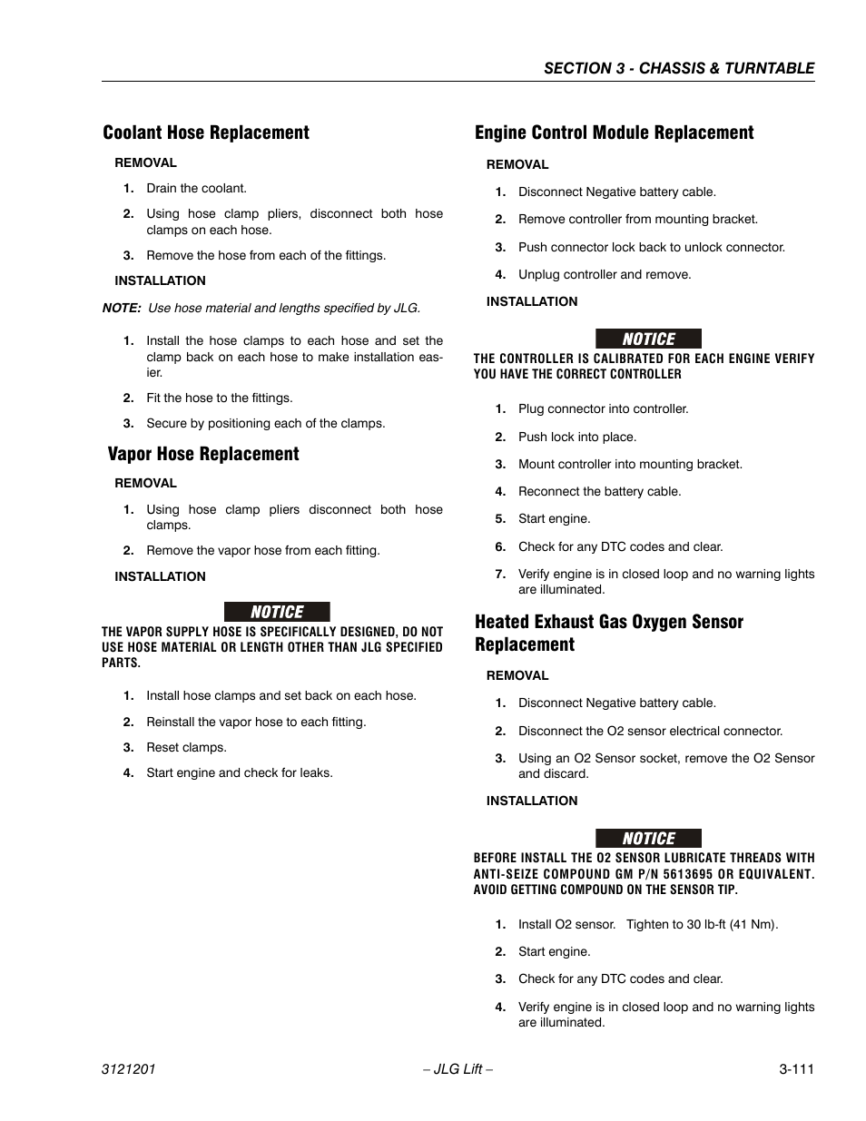 Coolant hose replacement, Vapor hose replacement, Engine control module replacement | Heated exhaust gas oxygen sensor replacement | JLG 600A_AJ Service Manual User Manual | Page 161 / 342