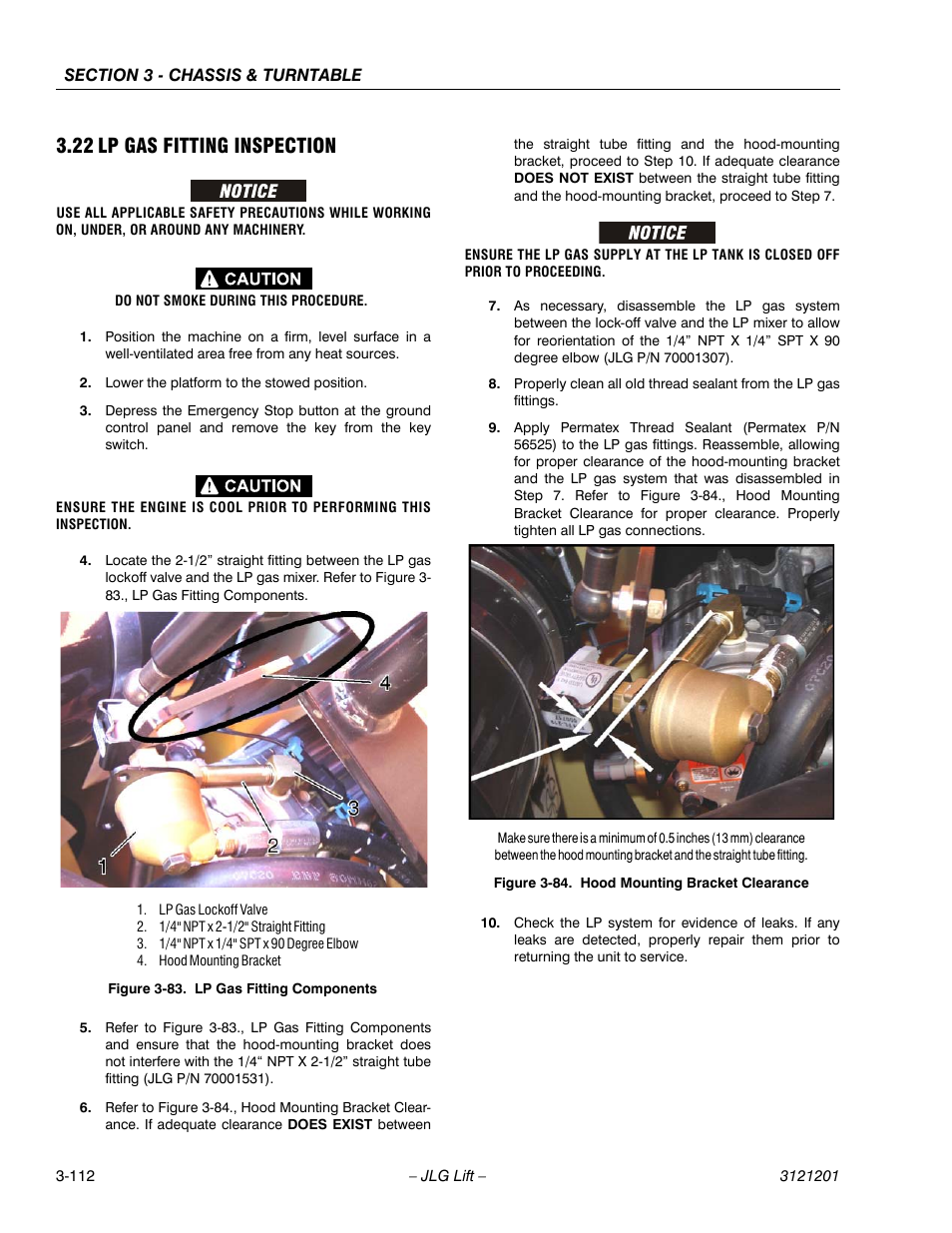 22 lp gas fitting inspection, Lp gas fitting inspection -112, Lp gas fitting components -112 | Hood mounting bracket clearance -112 | JLG 600A_AJ Service Manual User Manual | Page 162 / 342