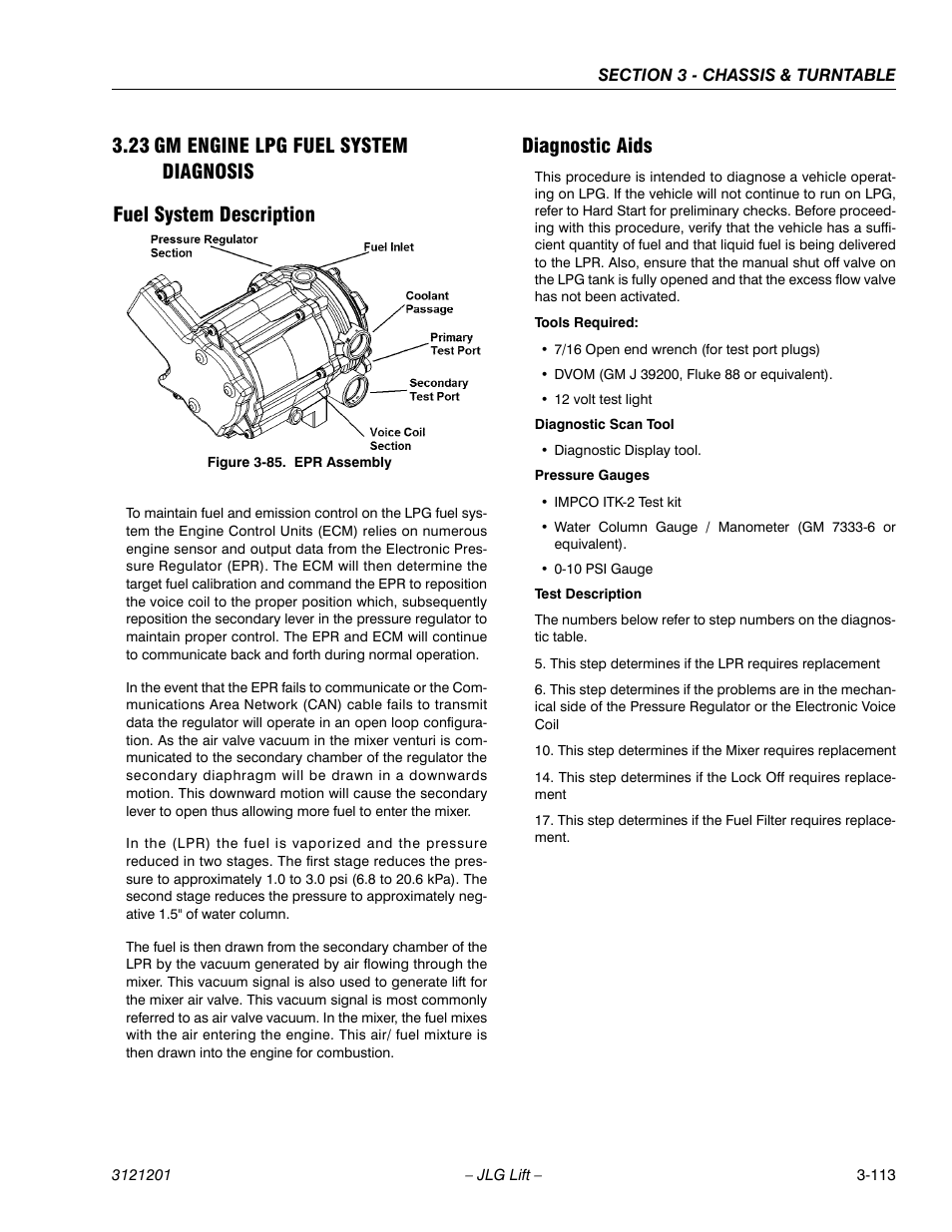 23 gm engine lpg fuel system diagnosis, Fuel system description, Diagnostic aids | Gm engine lpg fuel system diagnosis -113, Fuel system description -113 diagnostic aids -113, Epr assembly -113 | JLG 600A_AJ Service Manual User Manual | Page 163 / 342