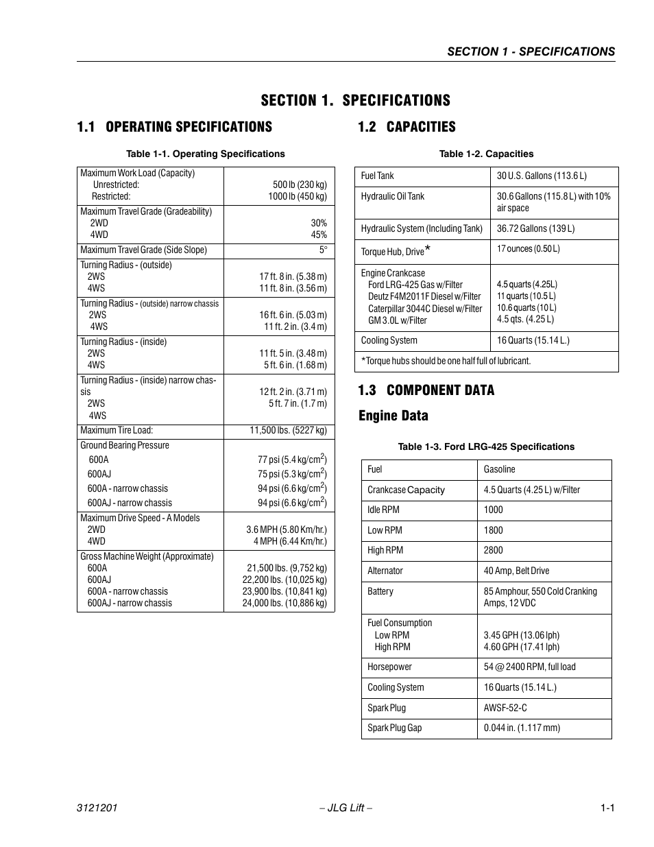 Section 1. specifications, 1 operating specifications, 2 capacities | 3 component data, Engine data, Section 1 - specifications, Operating specifications -1, Capacities -1, Component data -1, Engine data -1 | JLG 600A_AJ Service Manual User Manual | Page 17 / 342