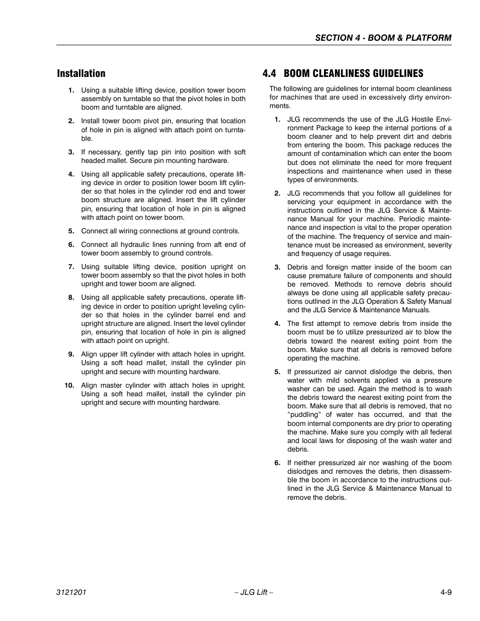 Installation, 4 boom cleanliness guidelines, Installation -9 | Boom cleanliness guidelines -9 | JLG 600A_AJ Service Manual User Manual | Page 185 / 342