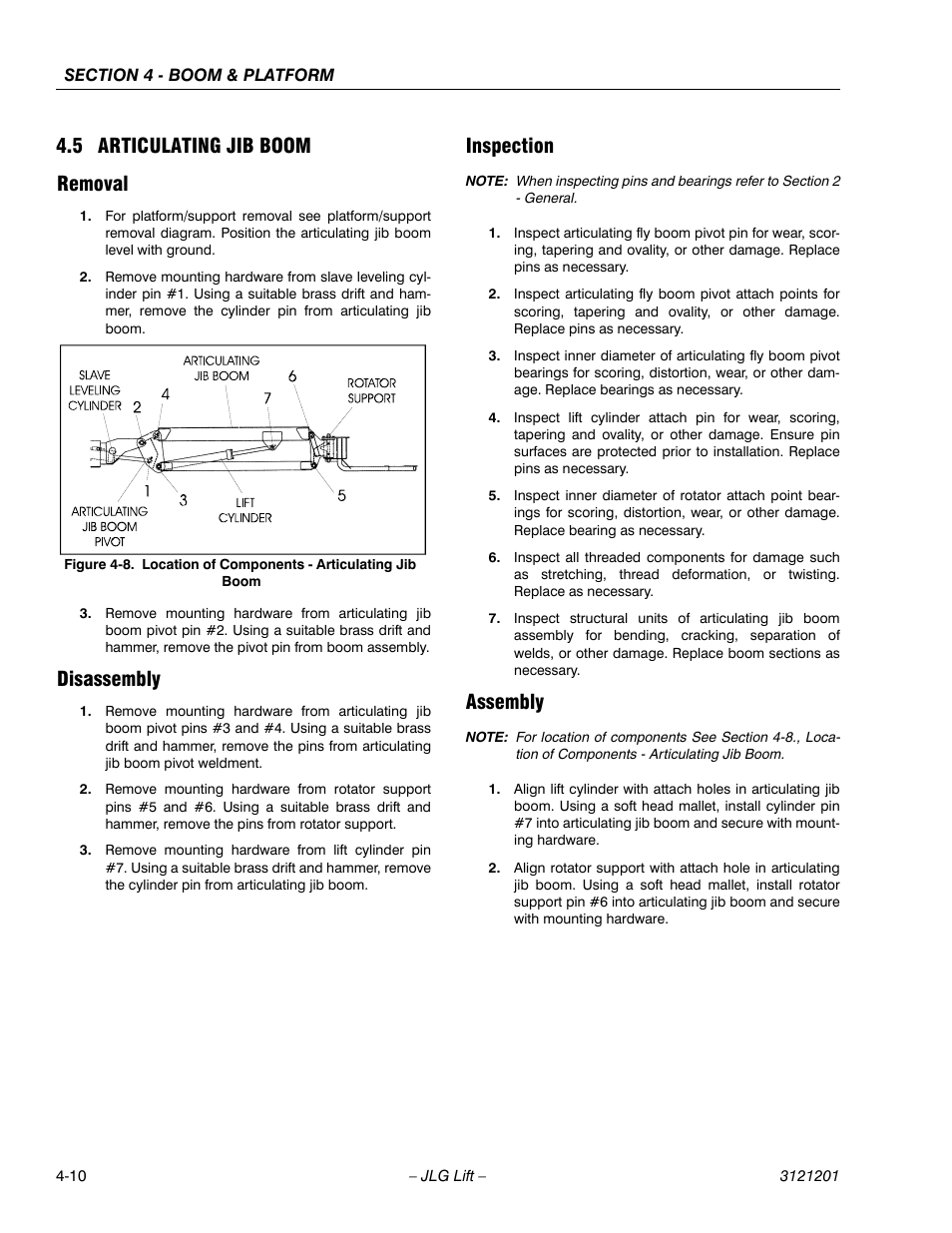 5 articulating jib boom, Removal, Disassembly | Inspection, Assembly, Articulating jib boom -10, Location of components - articulating jib boom -10, 5 articulating jib boom removal | JLG 600A_AJ Service Manual User Manual | Page 186 / 342