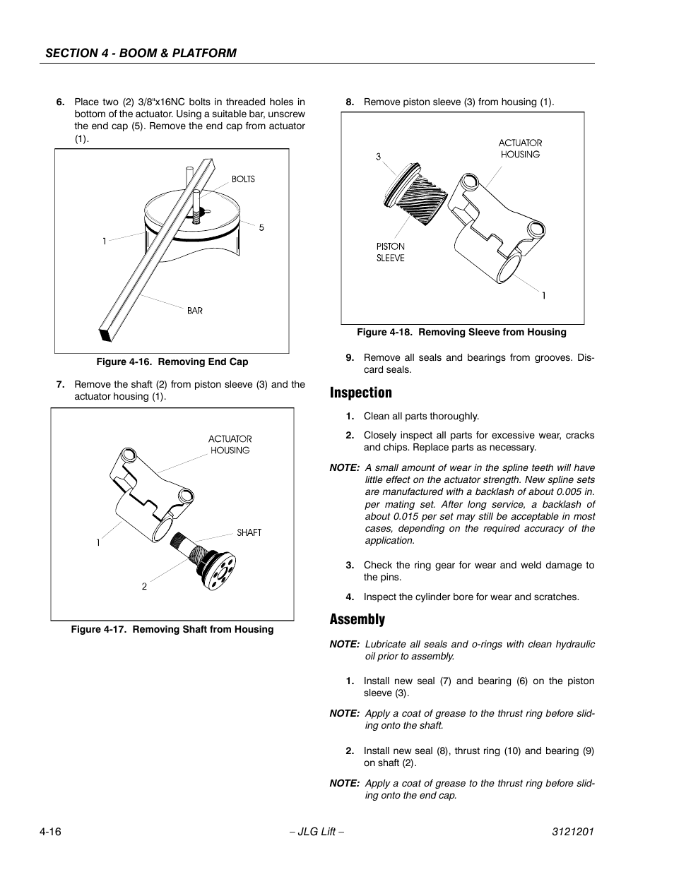 Inspection, Assembly, Inspection -16 assembly -16 | Removing end cap -16, Removing shaft from housing -16, Removing sleeve from housing -16 | JLG 600A_AJ Service Manual User Manual | Page 192 / 342