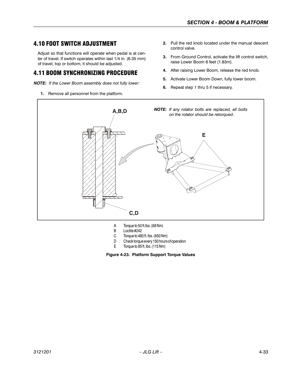 10 foot switch adjustment, 11 boom synchronizing procedure, Foot switch adjustment -33 | Boom synchronizing procedure -33, Platform support torque values -33 | JLG 600A_AJ Service Manual User Manual | Page 209 / 342