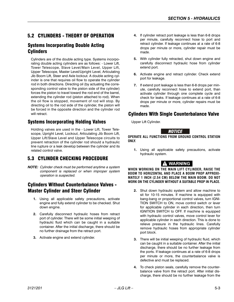 2 cylinders - theory of operation, Systems incorporating double acting cylinders, Systems incorporating holding valves | 3 cylinder checking procedure, Cylinders with single counterbalance valve, Cylinders - theory of operation -3, Cylinder checking procedure -3 | JLG 600A_AJ Service Manual User Manual | Page 213 / 342
