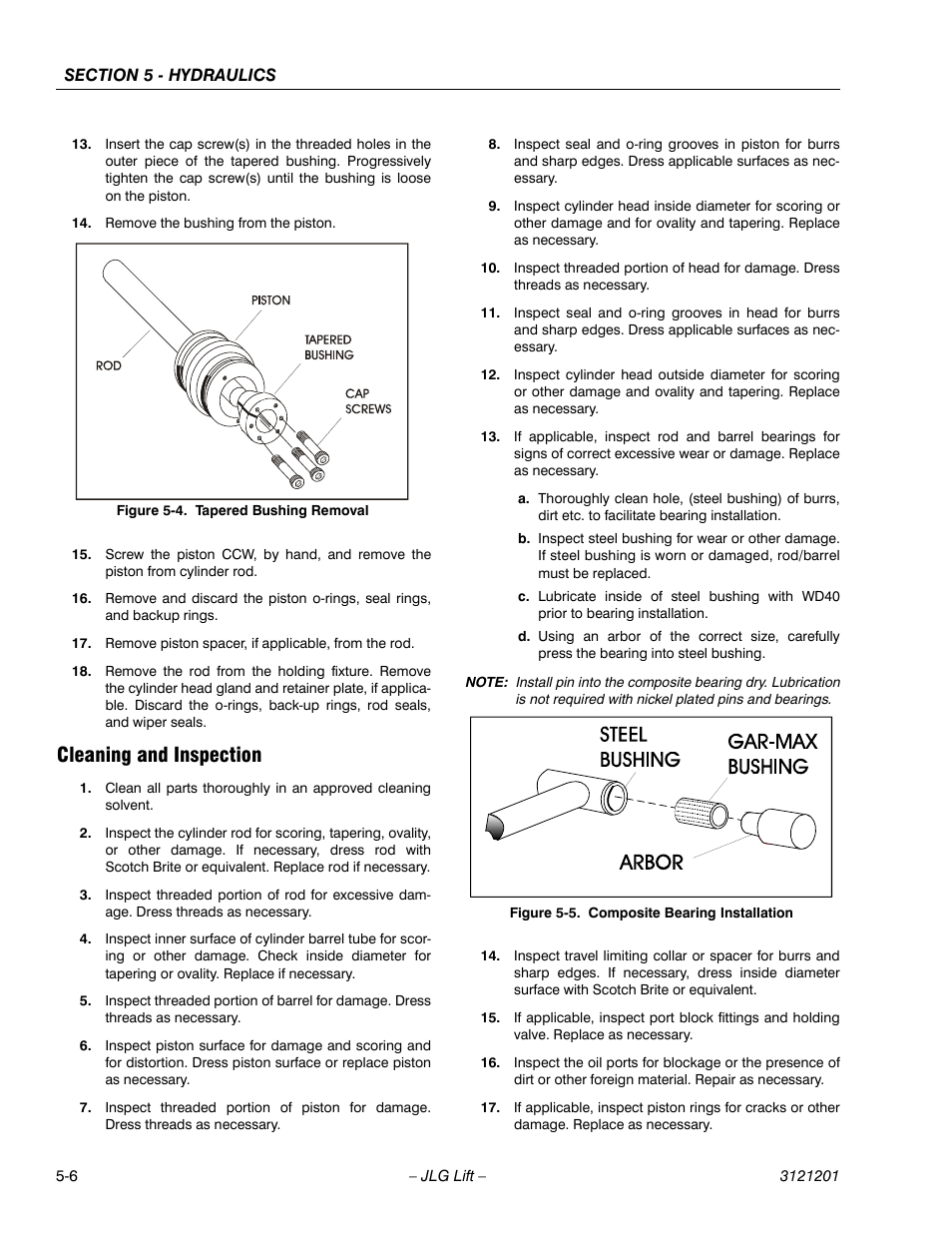 Cleaning and inspection, Cleaning and inspection -6, Tapered bushing removal -6 | Composite bearing installation -6 | JLG 600A_AJ Service Manual User Manual | Page 216 / 342