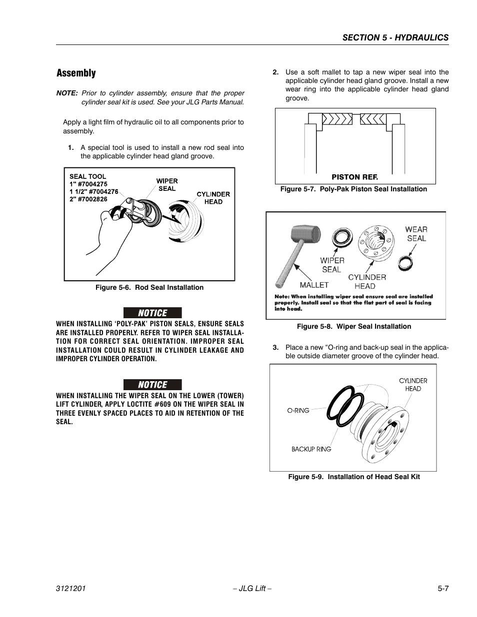 Assembly, Assembly -7, Rod seal installation -7 | Poly-pak piston seal installation -7, Wiper seal installation -7, Installation of head seal kit -7 | JLG 600A_AJ Service Manual User Manual | Page 217 / 342