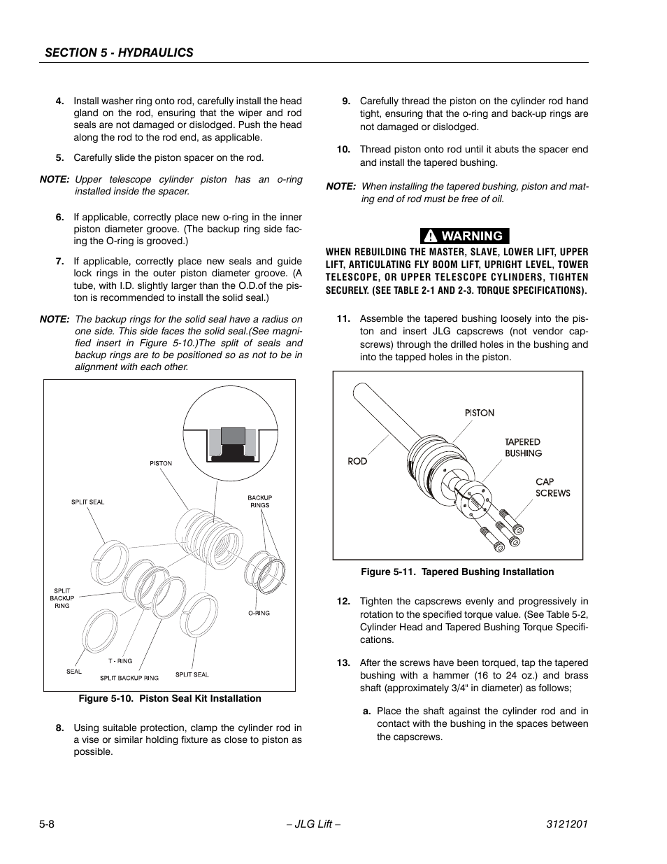 Piston seal kit installation -8, Tapered bushing installation -8 | JLG 600A_AJ Service Manual User Manual | Page 218 / 342