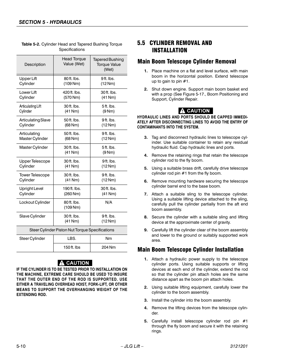 5 cylinder removal and installation, Main boom telescope cylinder removal, Main boom telescope cylinder installation | Cylinder removal and installation -10, Ee table 5-2 | JLG 600A_AJ Service Manual User Manual | Page 220 / 342