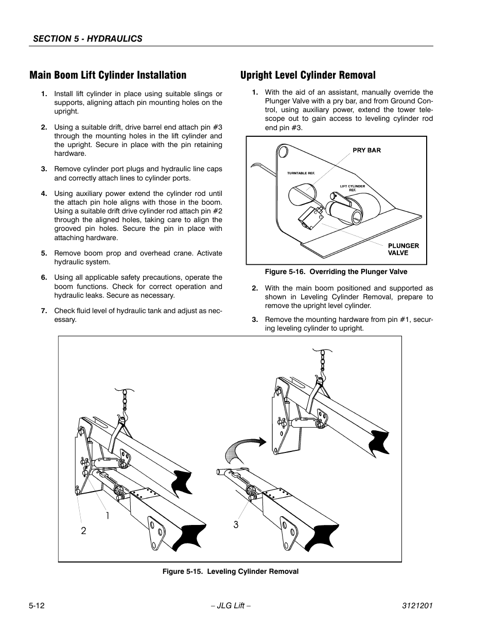 Main boom lift cylinder installation, Upright level cylinder removal, Leveling cylinder removal -12 | Overriding the plunger valve -12 | JLG 600A_AJ Service Manual User Manual | Page 222 / 342