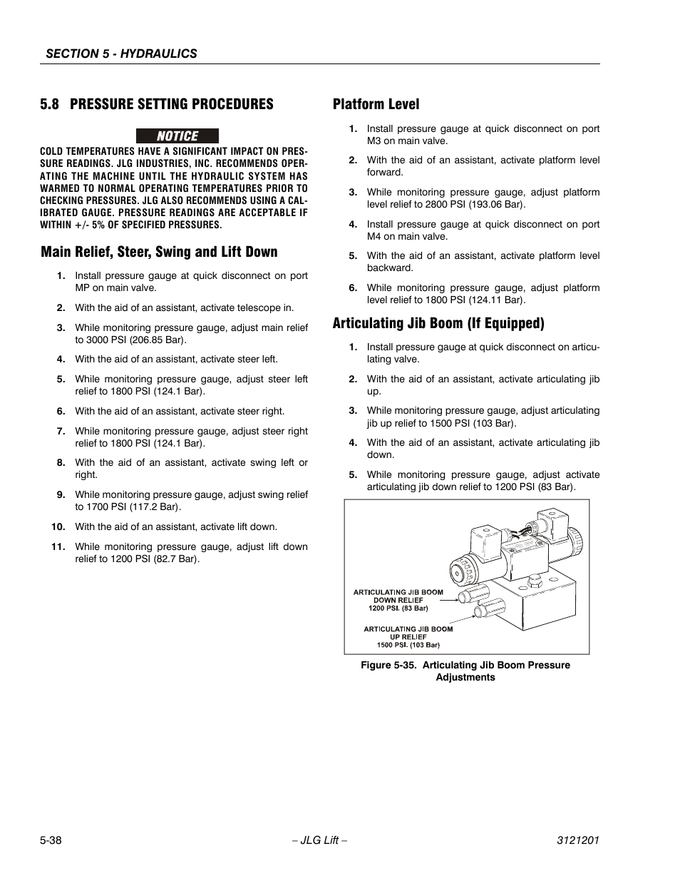8 pressure setting procedures, Main relief, steer, swing and lift down, Platform level | Articulating jib boom (if equipped), Pressure setting procedures -38, Articulating jib boom pressure adjustments -38 | JLG 600A_AJ Service Manual User Manual | Page 248 / 342