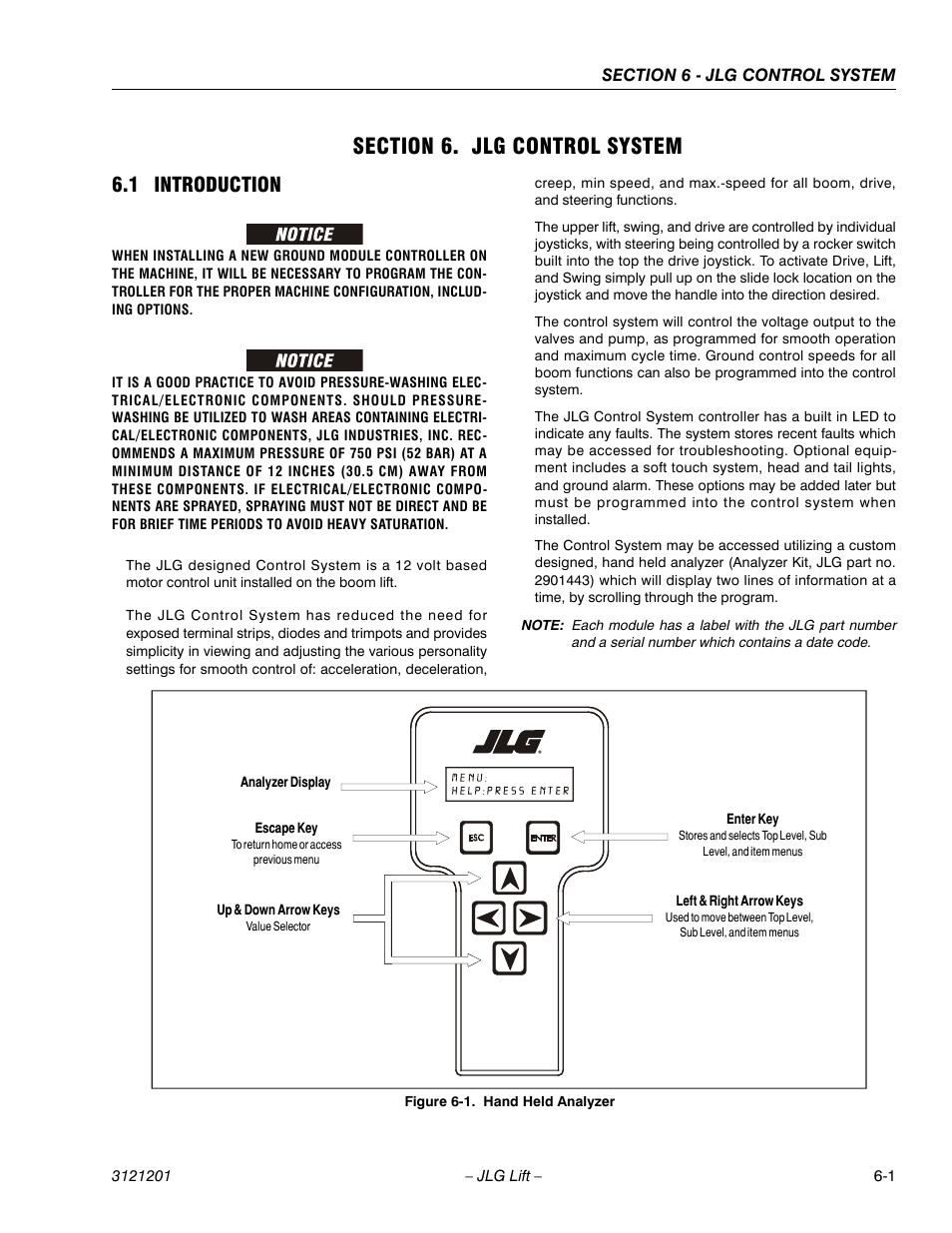 Section 6. jlg control system, 1 introduction, Section 6 - jlg control system | Introduction -1, Hand held analyzer -1 | JLG 600A_AJ Service Manual User Manual | Page 255 / 342