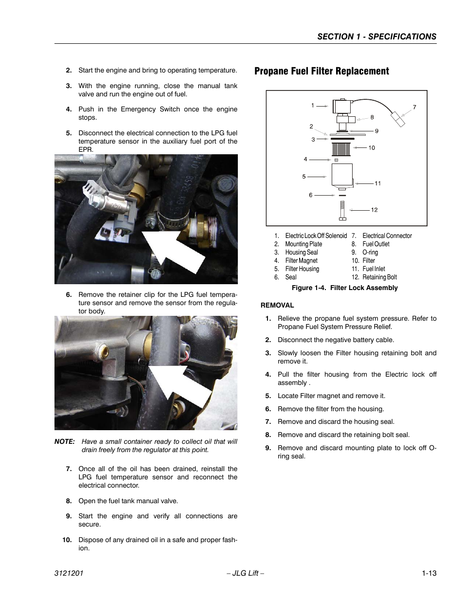 Propane fuel filter replacement, Propane fuel filter replacement -13, Filter lock assembly -13 | JLG 600A_AJ Service Manual User Manual | Page 29 / 342