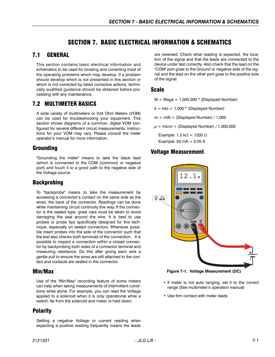 1 general, 2 multimeter basics, Grounding | Backprobing, Min/max, Polarity, Scale, Voltage measurement, General -1, Multimeter basics -1 | JLG 600A_AJ Service Manual User Manual | Page 315 / 342