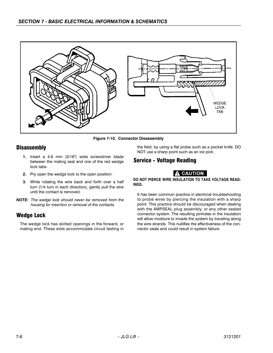 Disassembly, Wedge lock, Service - voltage reading | Connector disassembly -6 | JLG 600A_AJ Service Manual User Manual | Page 320 / 342