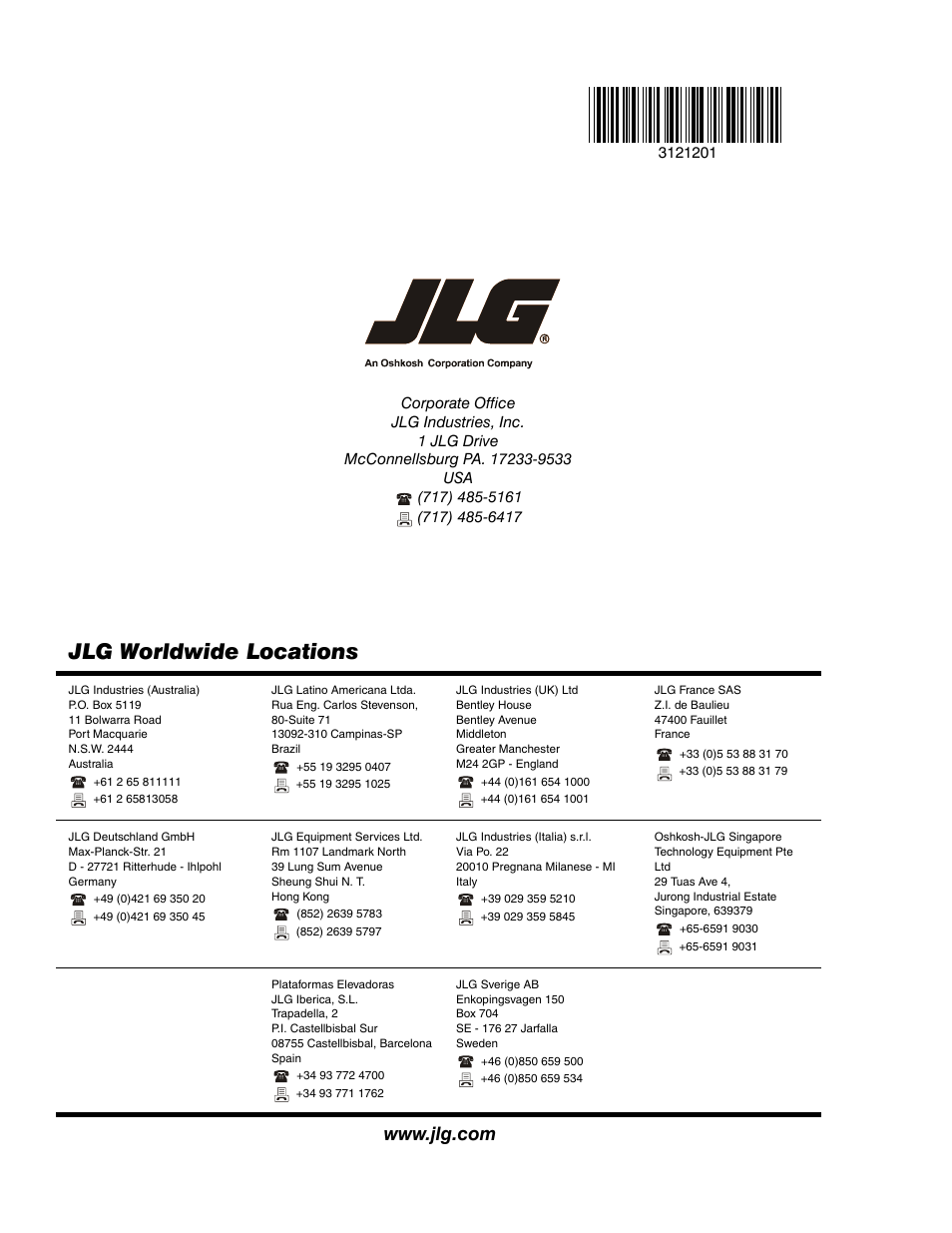 Jlg worldwide locations | JLG 600A_AJ Service Manual User Manual | Page 342 / 342