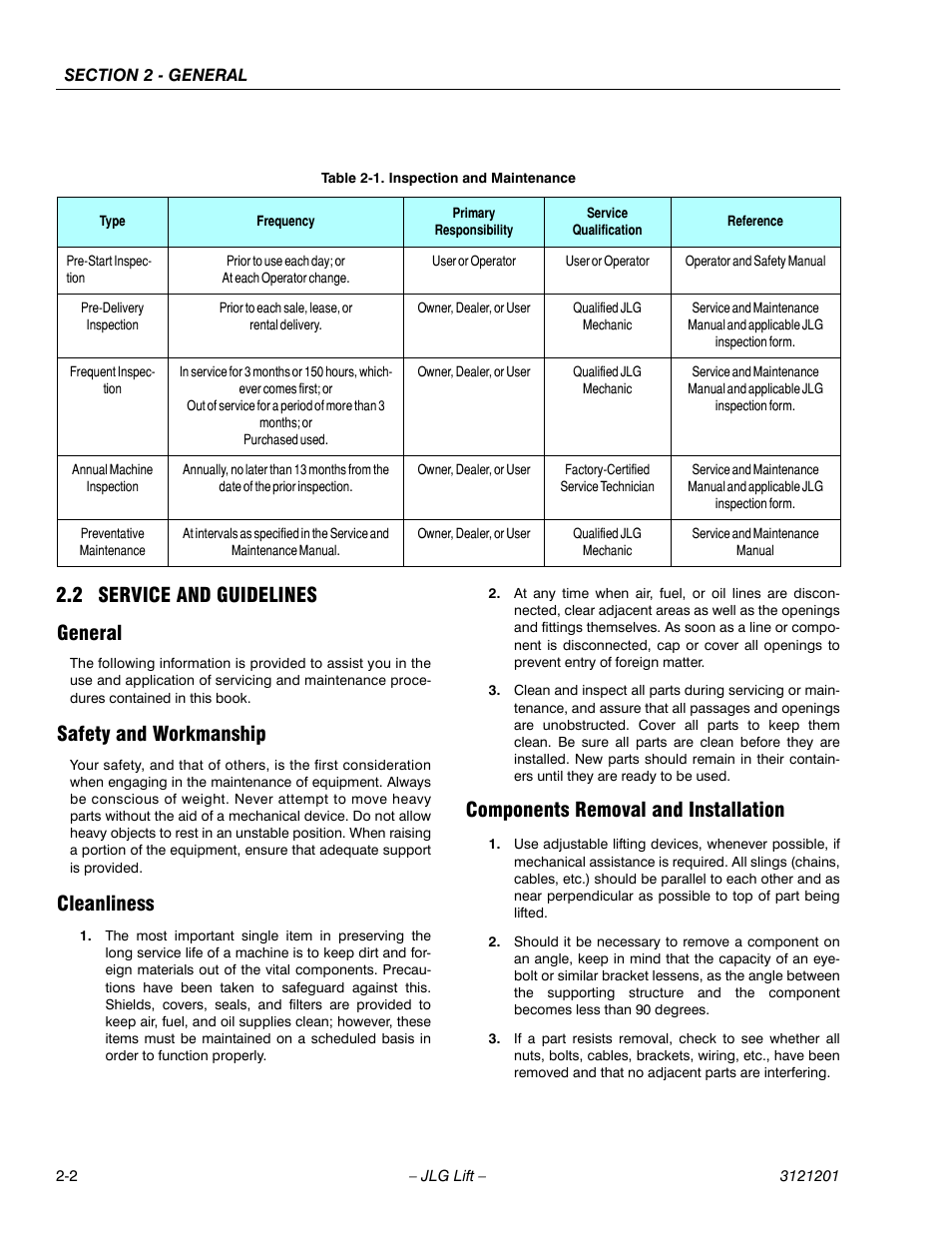 2 service and guidelines, General, Safety and workmanship | Cleanliness, Components removal and installation, Service and guidelines -2, Inspection and maintenance -2, 2 service and guidelines general | JLG 600A_AJ Service Manual User Manual | Page 40 / 342