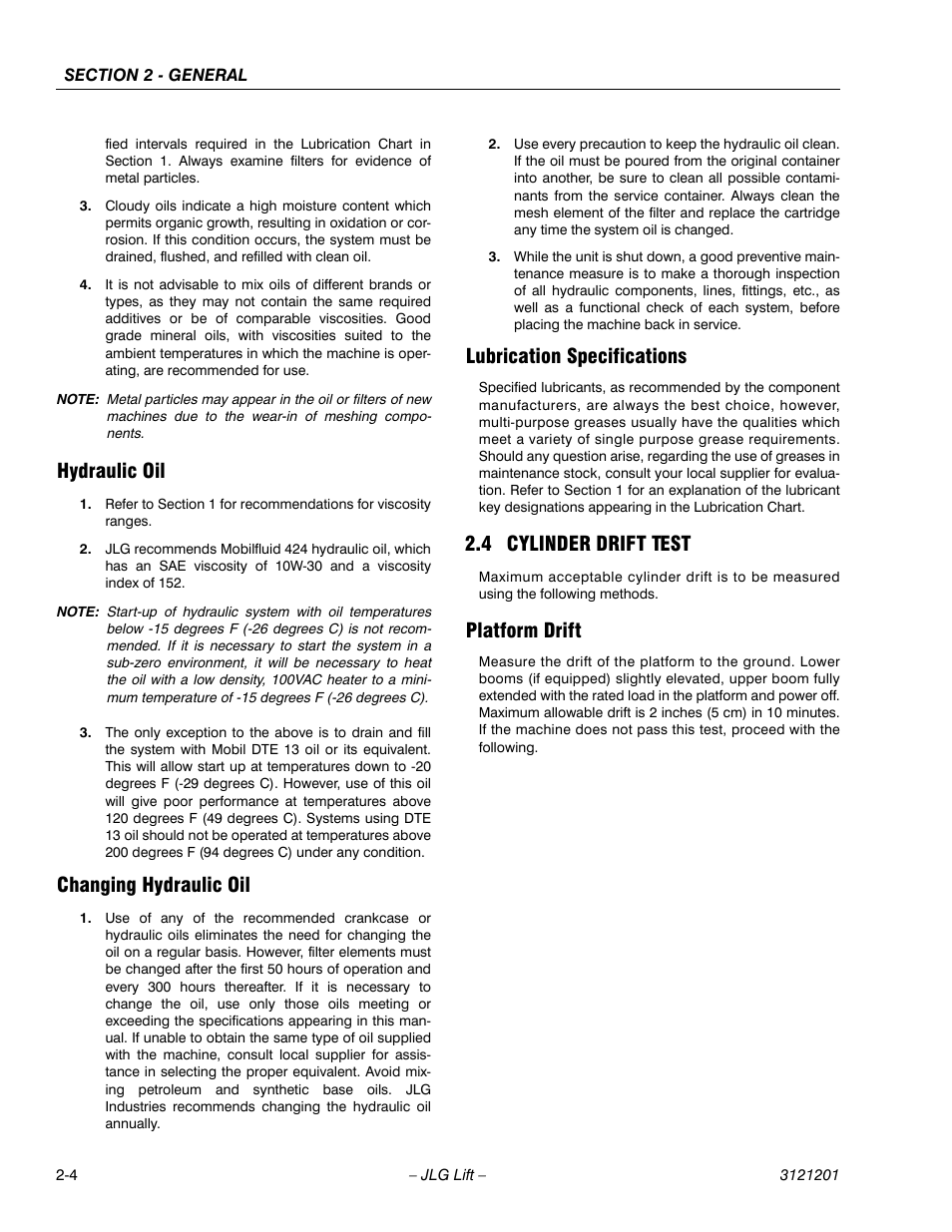 Hydraulic oil, Changing hydraulic oil, Lubrication specifications | 4 cylinder drift test, Platform drift, Cylinder drift test -4, Platform drift -4 | JLG 600A_AJ Service Manual User Manual | Page 42 / 342