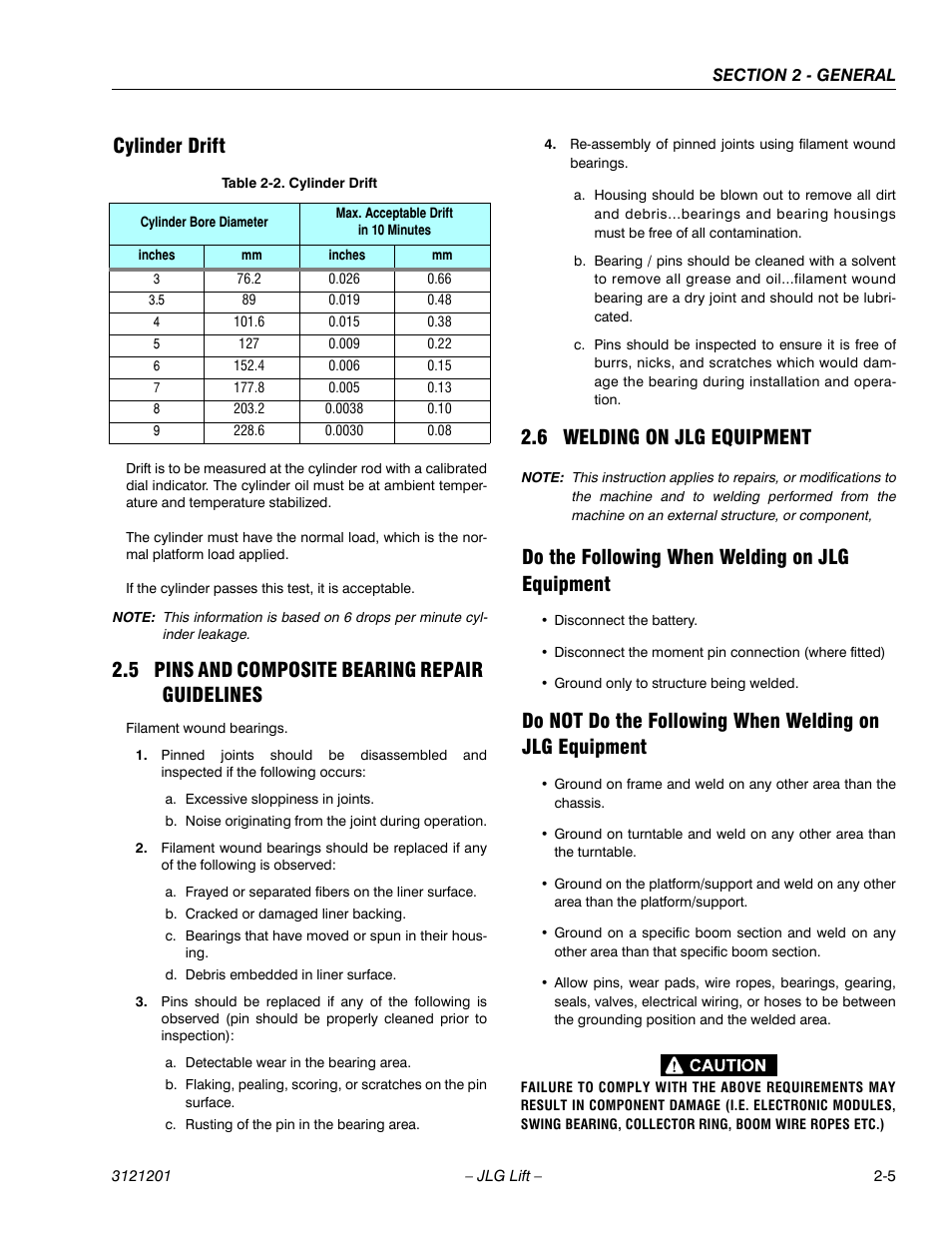 Cylinder drift, 5 pins and composite bearing repair guidelines, 6 welding on jlg equipment | Do the following when welding on jlg equipment, Cylinder drift -5, Pins and composite bearing repair guidelines -5, Welding on jlg equipment -5 | JLG 600A_AJ Service Manual User Manual | Page 43 / 342