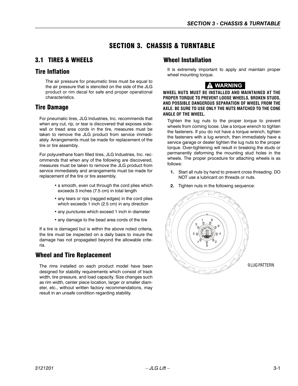 Section 3. chassis & turntable, 1 tires & wheels, Tire inflation | Tire damage, Wheel and tire replacement, Wheel installation, Section 3 - chassis & turntable, Tires & wheels -1, 1 tires & wheels tire inflation | JLG 600A_AJ Service Manual User Manual | Page 51 / 342
