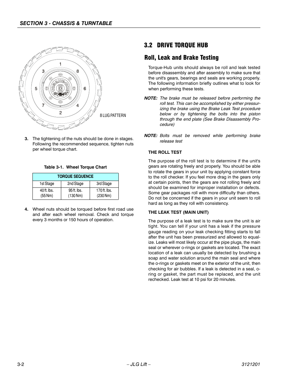2 drive torque hub, Roll, leak and brake testing, Drive torque hub -2 | Roll, leak and brake testing -2, Wheel torque chart -2, 2 drive torque hub roll, leak and brake testing | JLG 600A_AJ Service Manual User Manual | Page 52 / 342