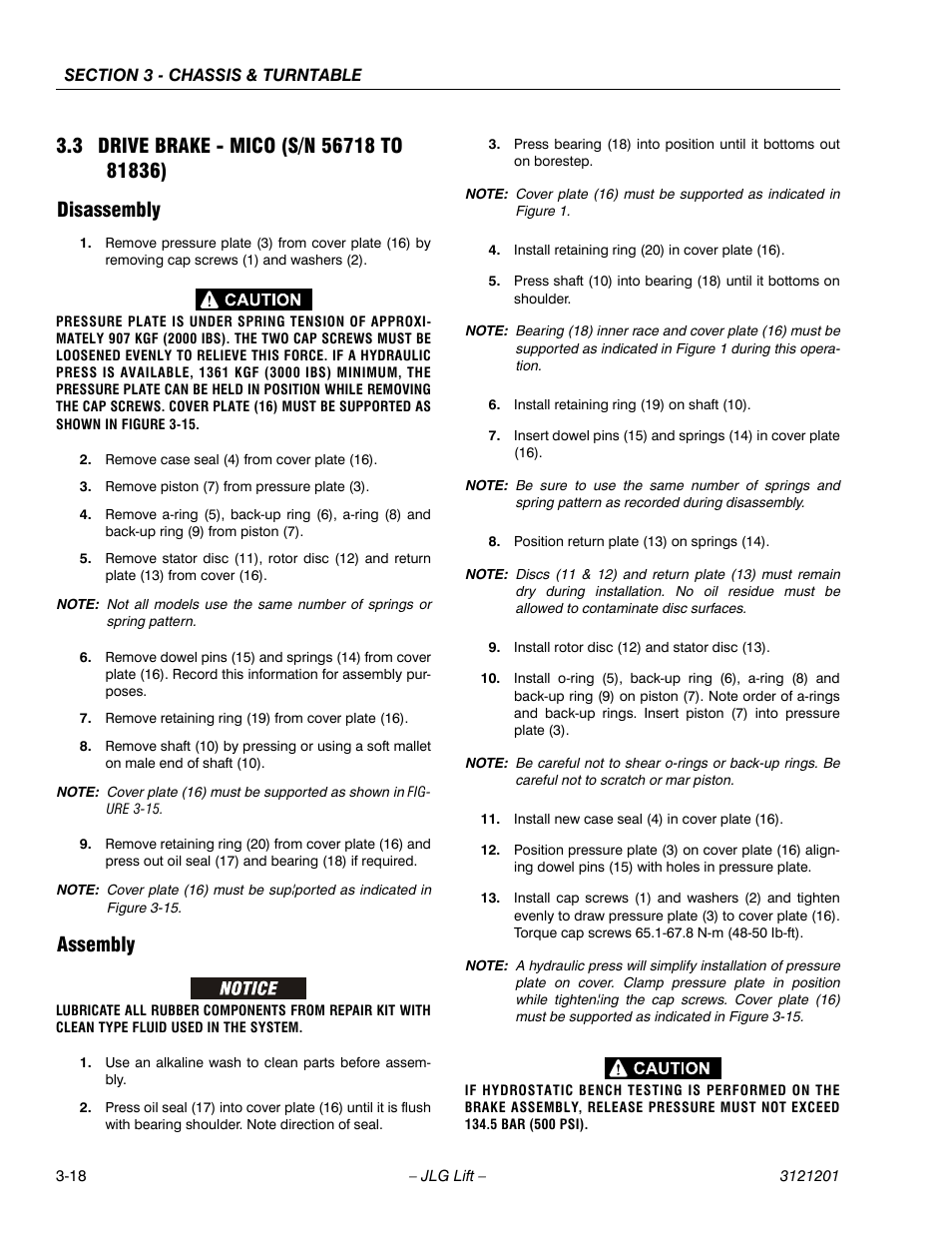 3 drive brake - mico (s/n 56718 to 81836), Disassembly, Assembly | Drive brake - mico (s/n 56718 to 81836) -18, Disassembly -18 assembly -18 | JLG 600A_AJ Service Manual User Manual | Page 68 / 342