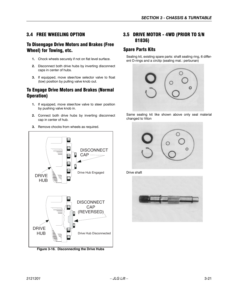 4 free wheeling option, 5 drive motor - 4wd (prior to s/n 81836), Spare parts kits | Free wheeling option -21, Drive motor - 4wd (prior to s/n 81836) -21, Spare parts kits -21, Disconnecting the drive hubs -21 | JLG 600A_AJ Service Manual User Manual | Page 71 / 342