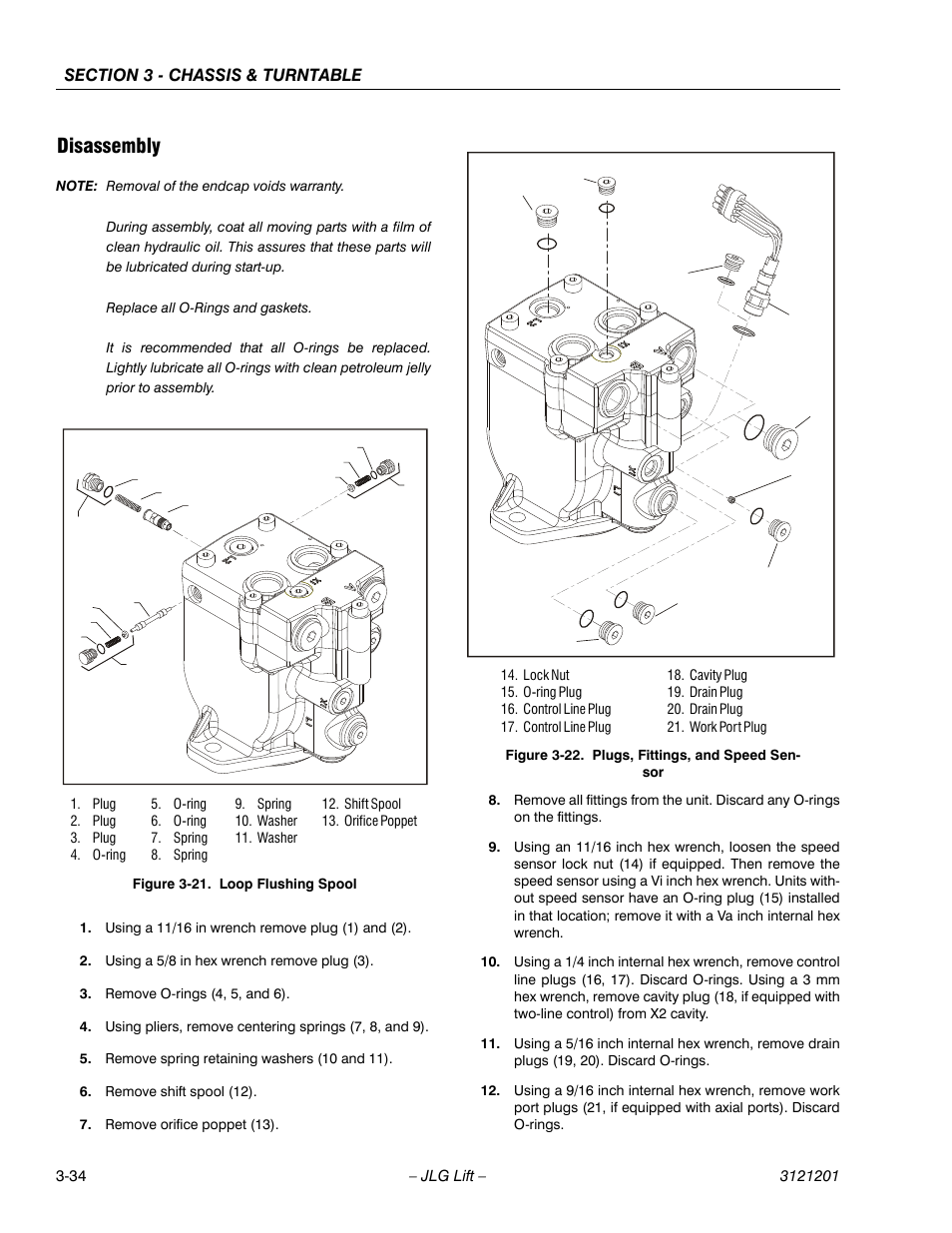 Disassembly, Disassembly -34, Loop flushing spool -34 | Plugs, fittings, and speed sensor -34 | JLG 600A_AJ Service Manual User Manual | Page 84 / 342