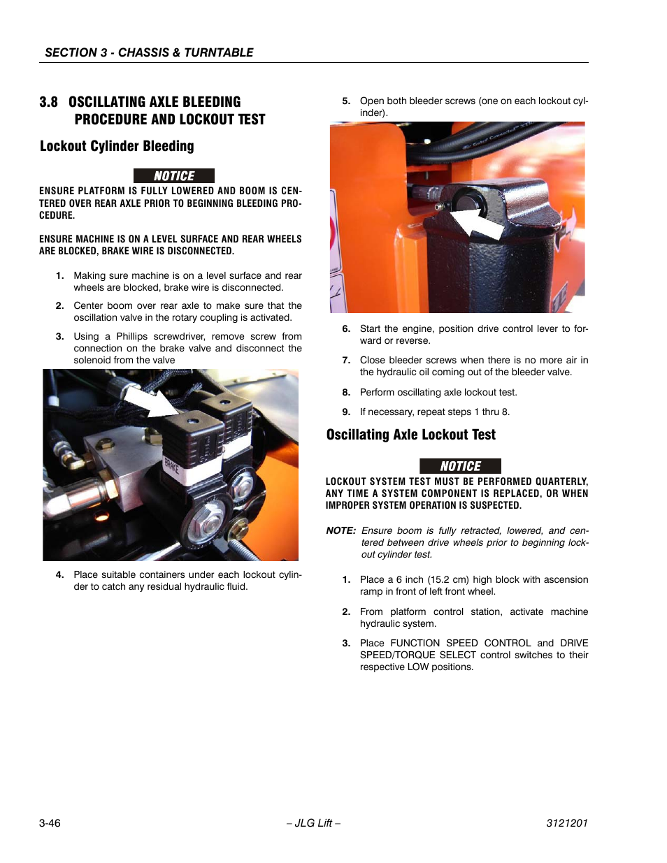Lockout cylinder bleeding, Oscillating axle lockout test | JLG 600A_AJ Service Manual User Manual | Page 96 / 342