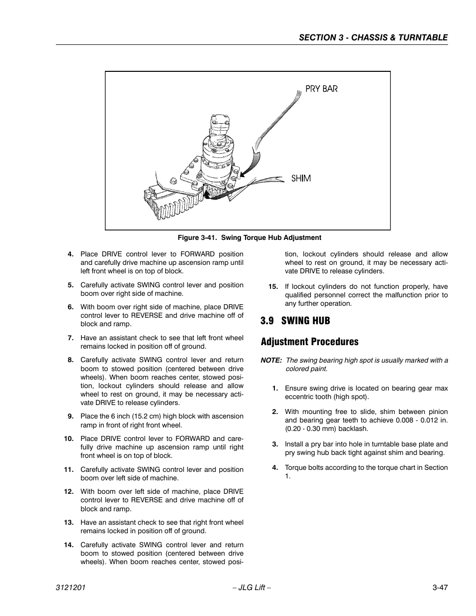 9 swing hub, Adjustment procedures, Swing hub -47 | Adjustment procedures -47, Swing torque hub adjustment -47, 9 swing hub adjustment procedures | JLG 600A_AJ Service Manual User Manual | Page 97 / 342