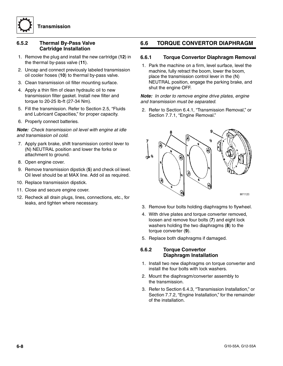 2 thermal by-pass valve cartridge installation, 6 torque convertor diaphragm, 1 torque convertor diaphragm removal | 2 torque convertor diaphragm installation, Torque convertor diaphragm, Torque convertor diaphragm removal, Torque convertor diaphragm installation | JLG G12-55A Service Manual User Manual | Page 100 / 176