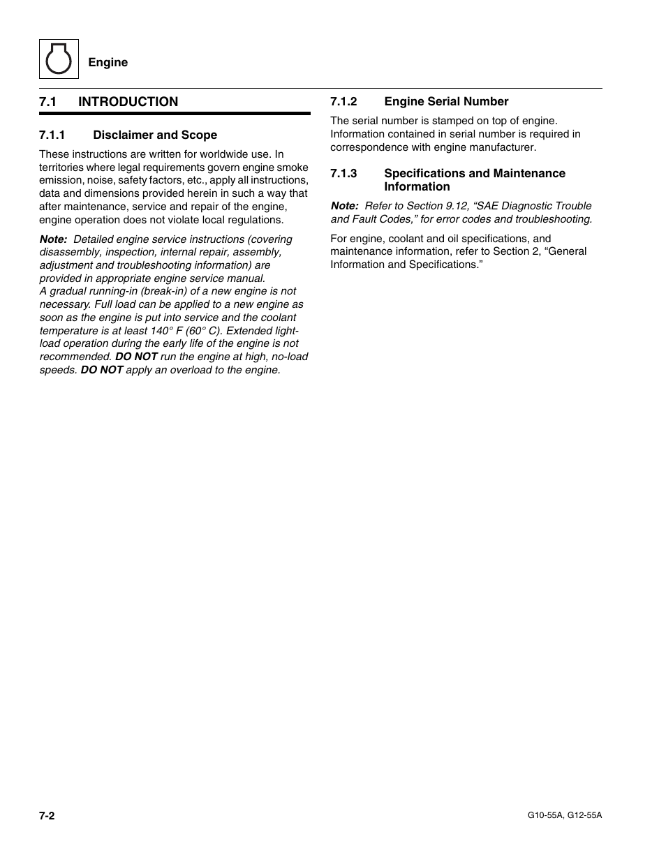 1 introduction, 1 disclaimer and scope, 2 engine serial number | 3 specifications and maintenance information, Introduction, Disclaimer and scope, Engine serial number, Specifications and maintenance information | JLG G12-55A Service Manual User Manual | Page 106 / 176