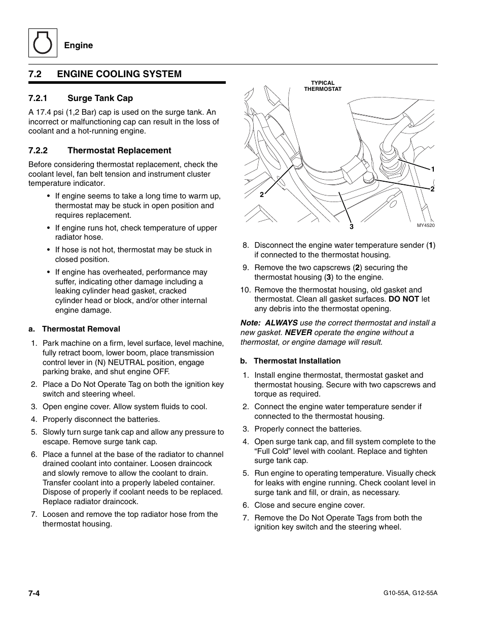 2 engine cooling system, 1 surge tank cap, 2 thermostat replacement | Engine cooling system, Surge tank cap, Thermostat replacement | JLG G12-55A Service Manual User Manual | Page 108 / 176