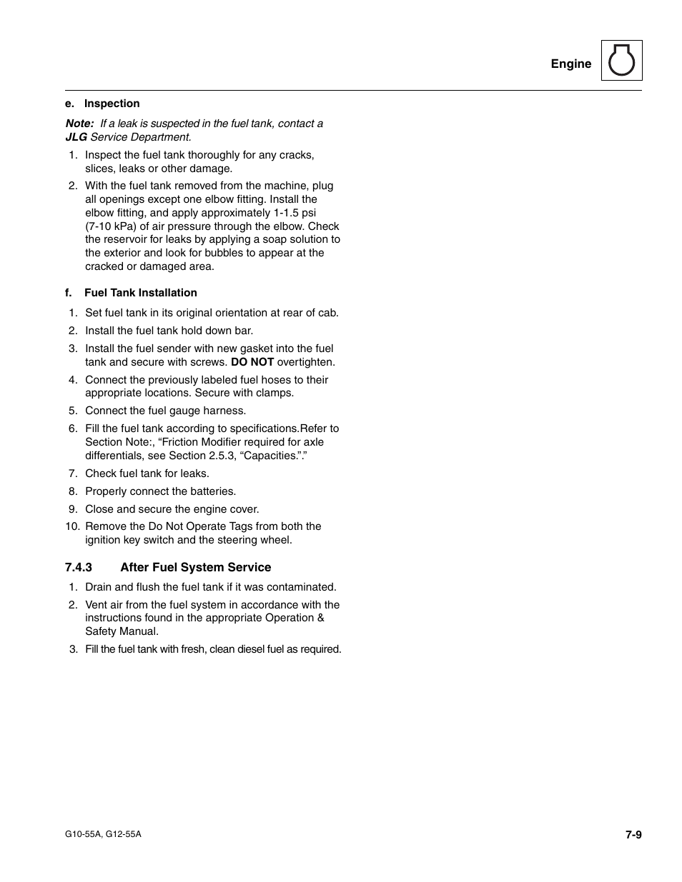 3 after fuel system service, After fuel system service | JLG G12-55A Service Manual User Manual | Page 113 / 176