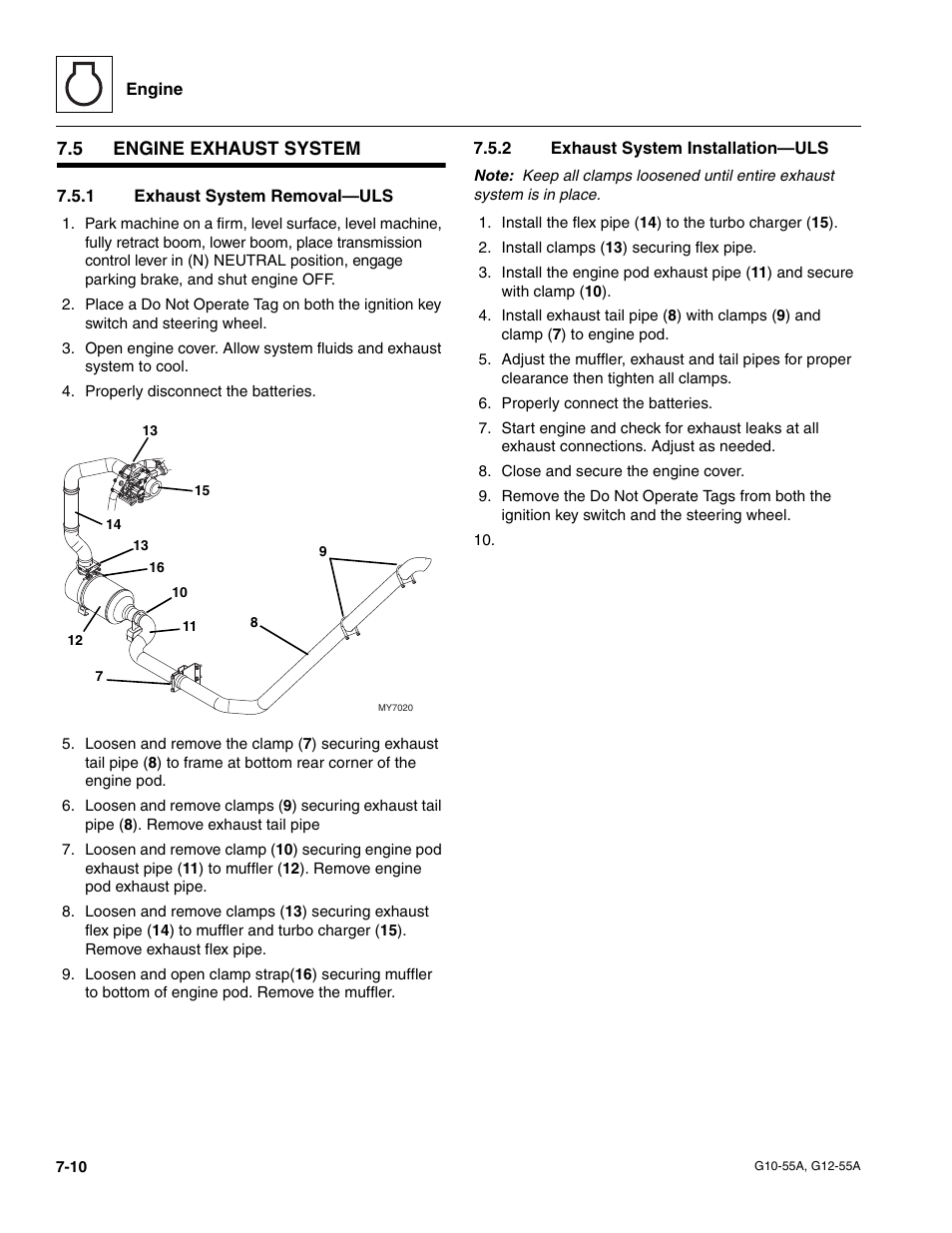 5 engine exhaust system, 1 exhaust system removal—uls, 2 exhaust system installation—uls | Engine exhaust system, Section 7.5, “engine exhaust system, Exhaust system removal—uls, Exhaust system installation—uls | JLG G12-55A Service Manual User Manual | Page 114 / 176