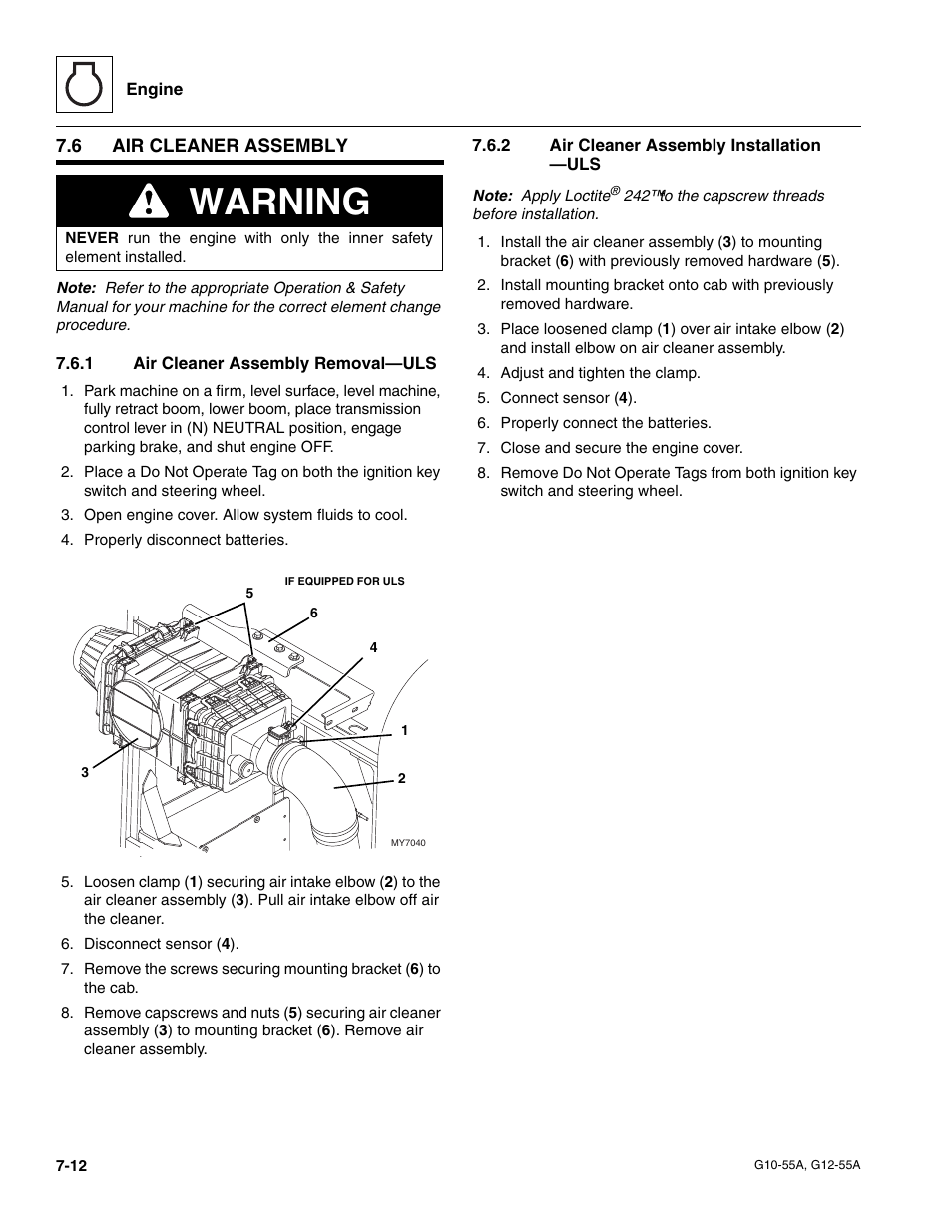 6 air cleaner assembly, 1 air cleaner assembly removal—uls, 2 air cleaner assembly installation —uls | Air cleaner assembly, Air cleaner assembly removal—uls, Air cleaner assembly installation —uls, Warning | JLG G12-55A Service Manual User Manual | Page 116 / 176
