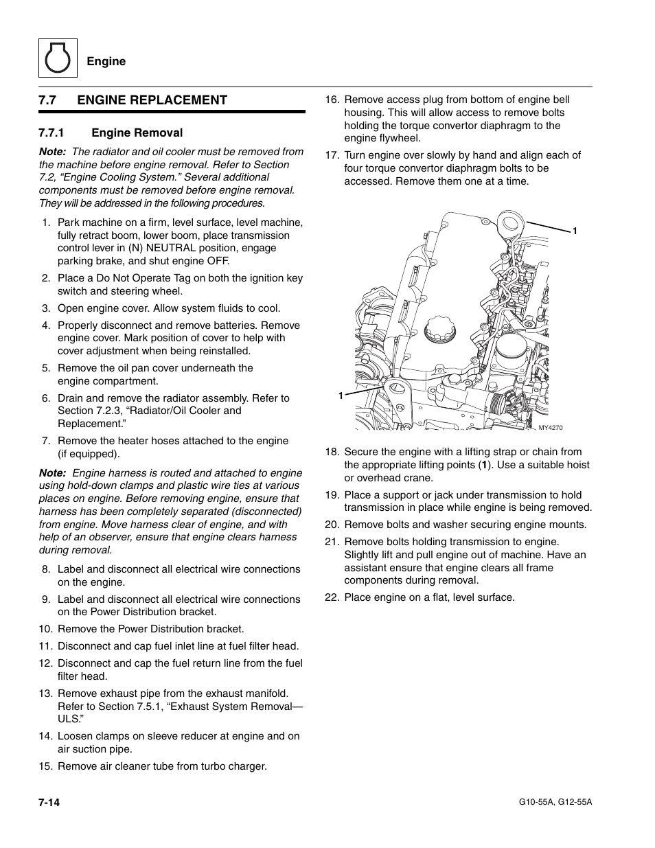 7 engine replacement, 1 engine removal, Engine replacement | Section 7.7.1, “engine removal, Engine removal | JLG G12-55A Service Manual User Manual | Page 118 / 176
