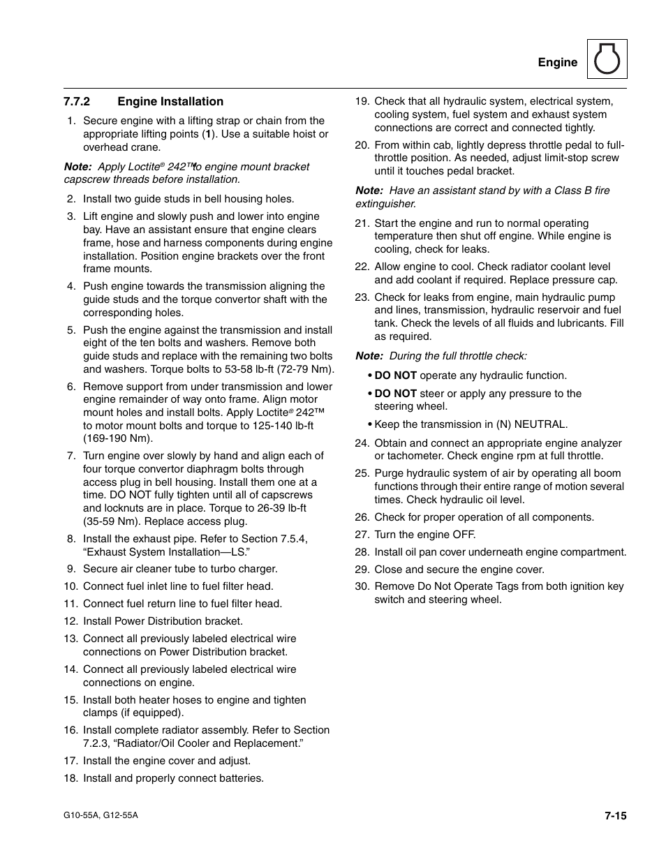 2 engine installation, Section 7.7.2, “engine installation, Engine installation | JLG G12-55A Service Manual User Manual | Page 119 / 176