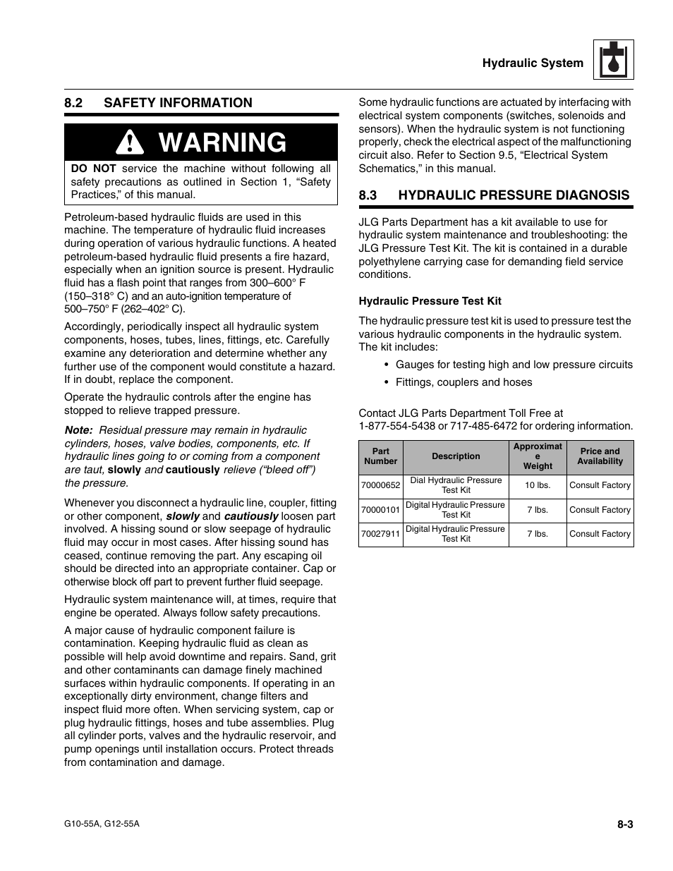 2 safety information, 3 hydraulic pressure diagnosis, Safety information | Hydraulic pressure diagnosis, Warning | JLG G12-55A Service Manual User Manual | Page 123 / 176